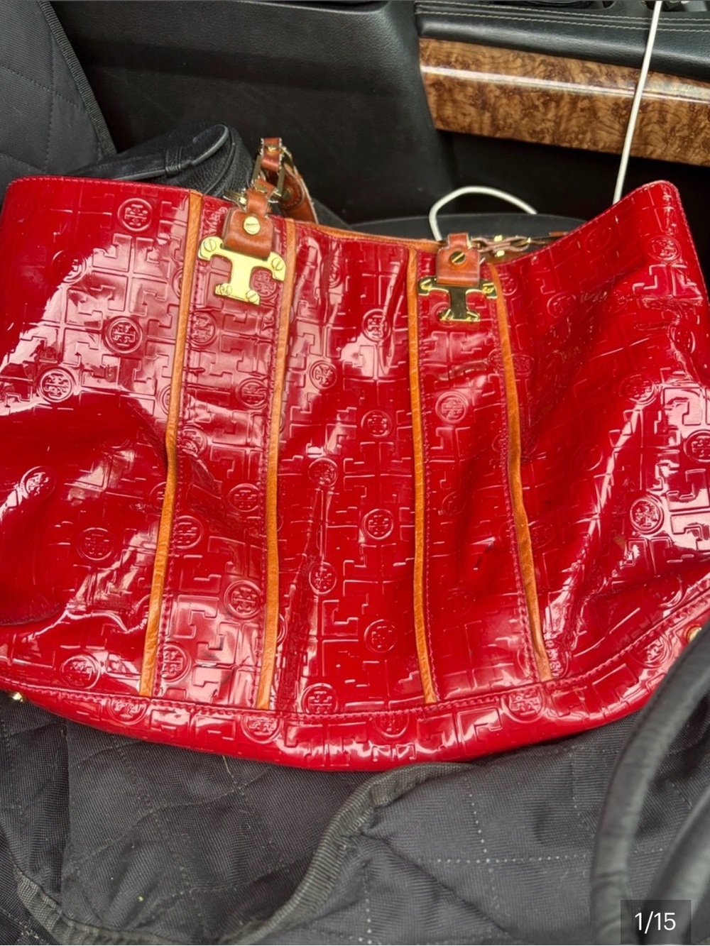 Tory Burch Red Patent Shoulder Bag with Tan Trim and Gold Hardware